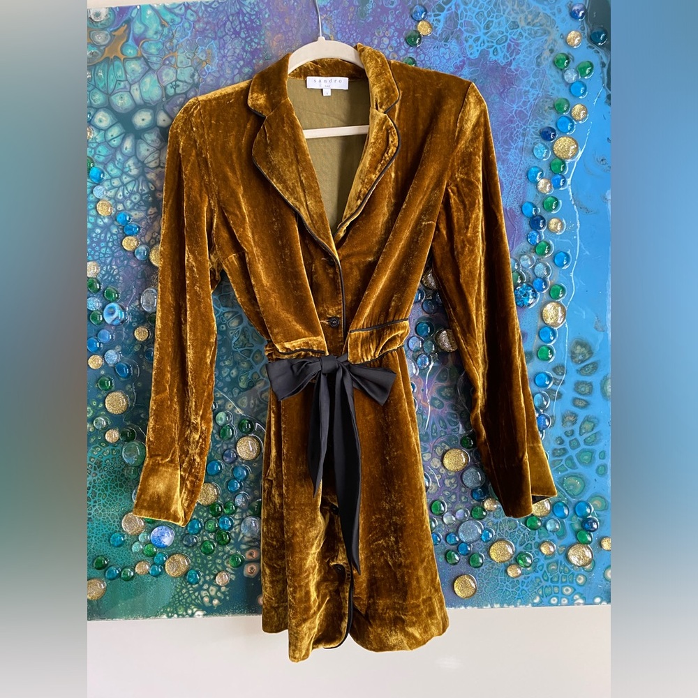 Sandro Gold Velvet Jacket with Black Bow